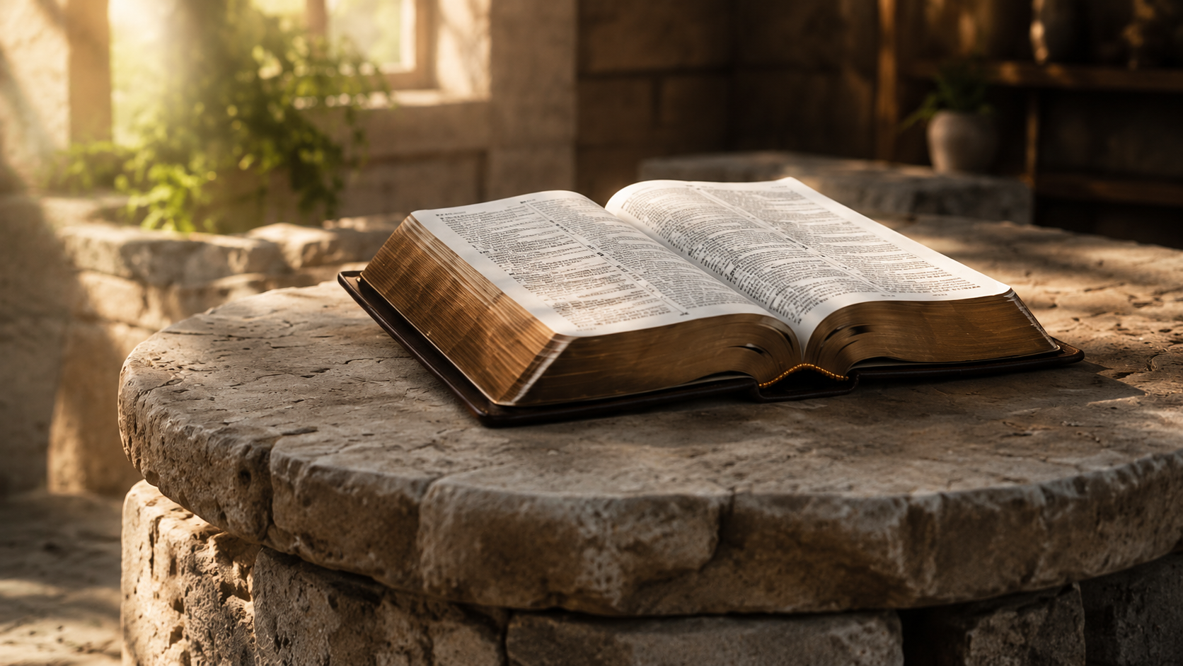 Open Bible resting on a solid stone foundation in warm light